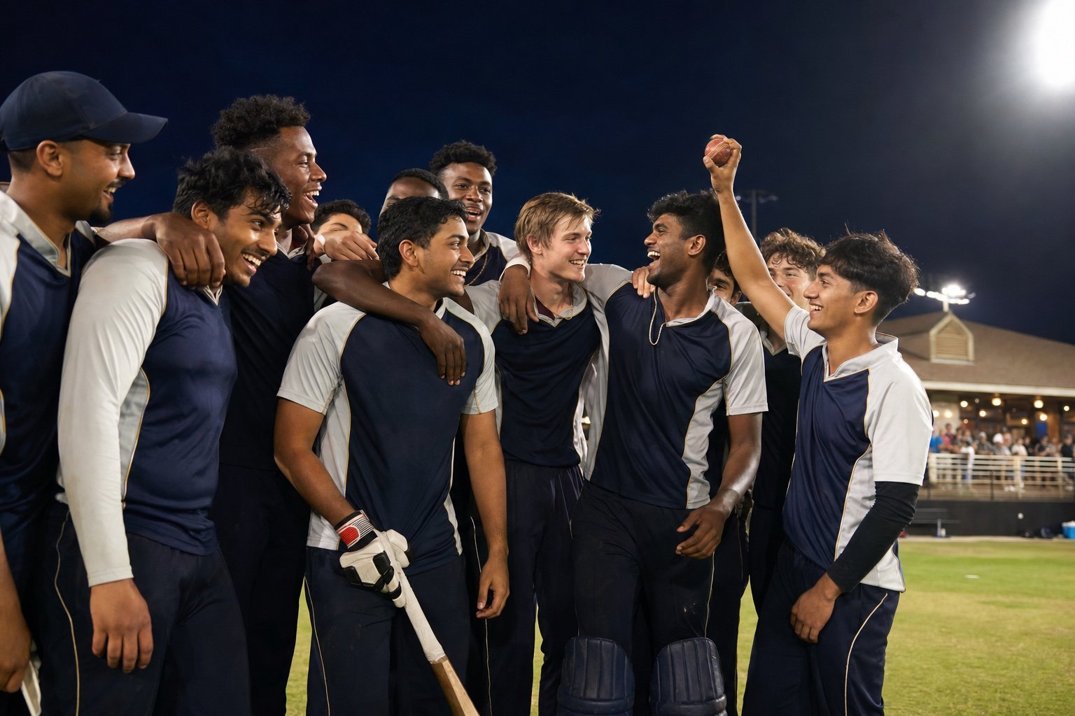 College cricket teammates celebrating together beneath stadium lights